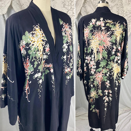Vintage 1920's Japanese Kimono Robe | Black Rayon with Elaborate Floral Print | Size S, M, LG - Daggers & Dames