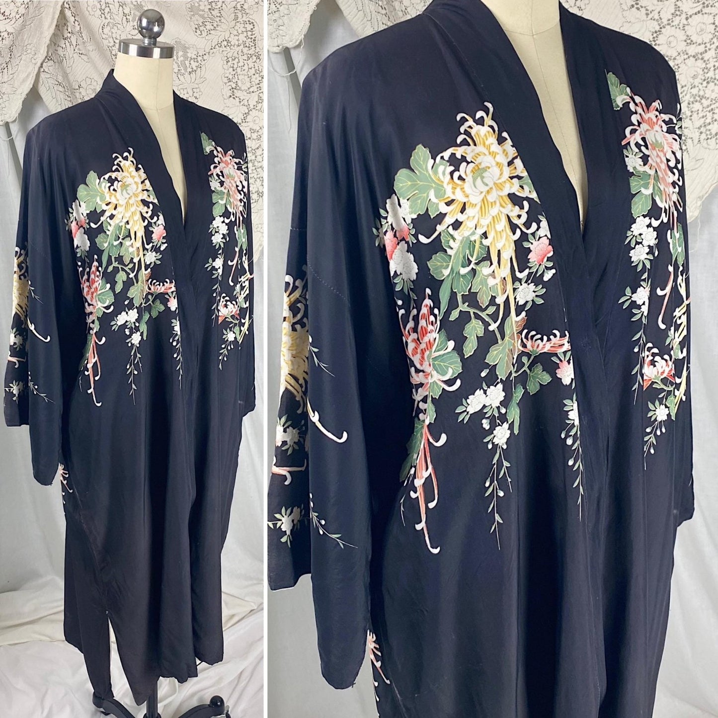 Vintage 1920's Japanese Kimono Robe | Black Rayon with Elaborate Floral Print | Size S, M, LG - Daggers & Dames