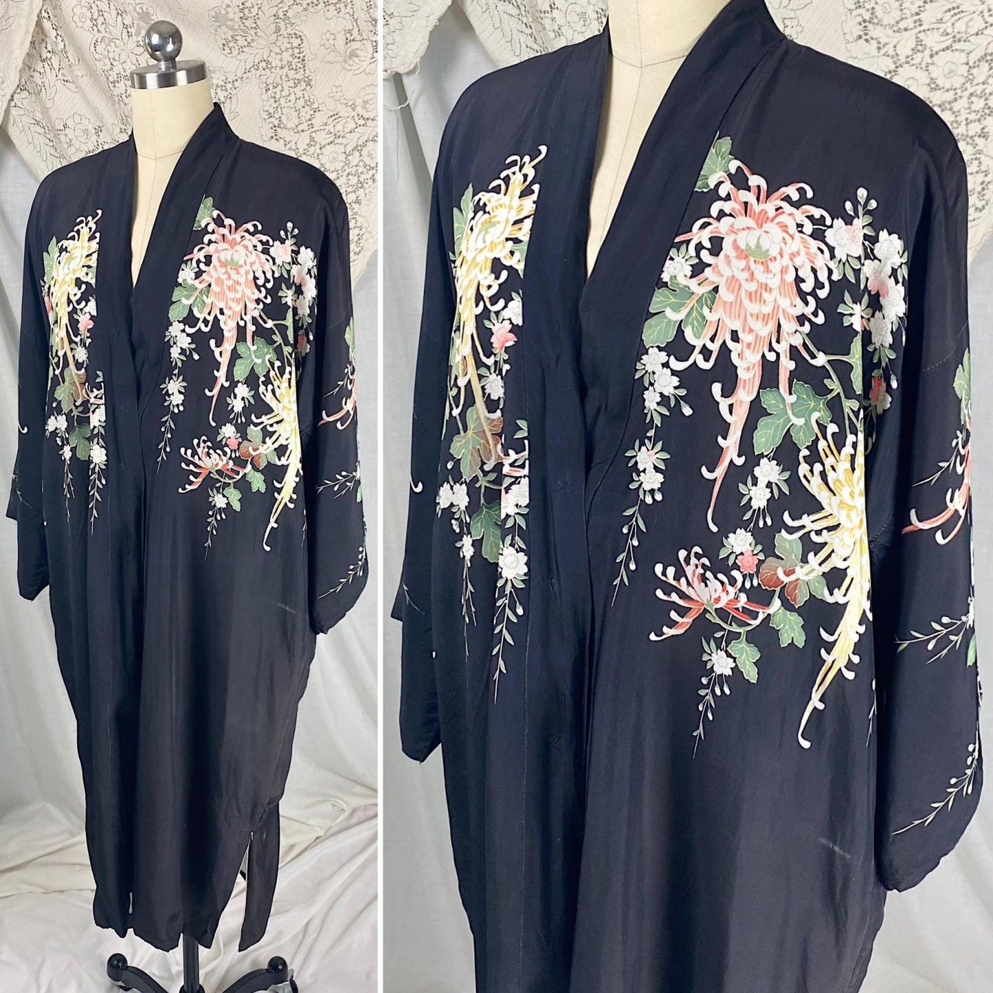 Vintage 1920's Japanese Kimono Robe | Black Rayon with Elaborate Floral Print | Size S, M, LG - Daggers & Dames