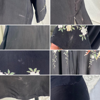 Vintage 1920's Japanese Kimono Robe | Black Rayon with Elaborate Floral Print | Size S, M, LG - Daggers & Dames
