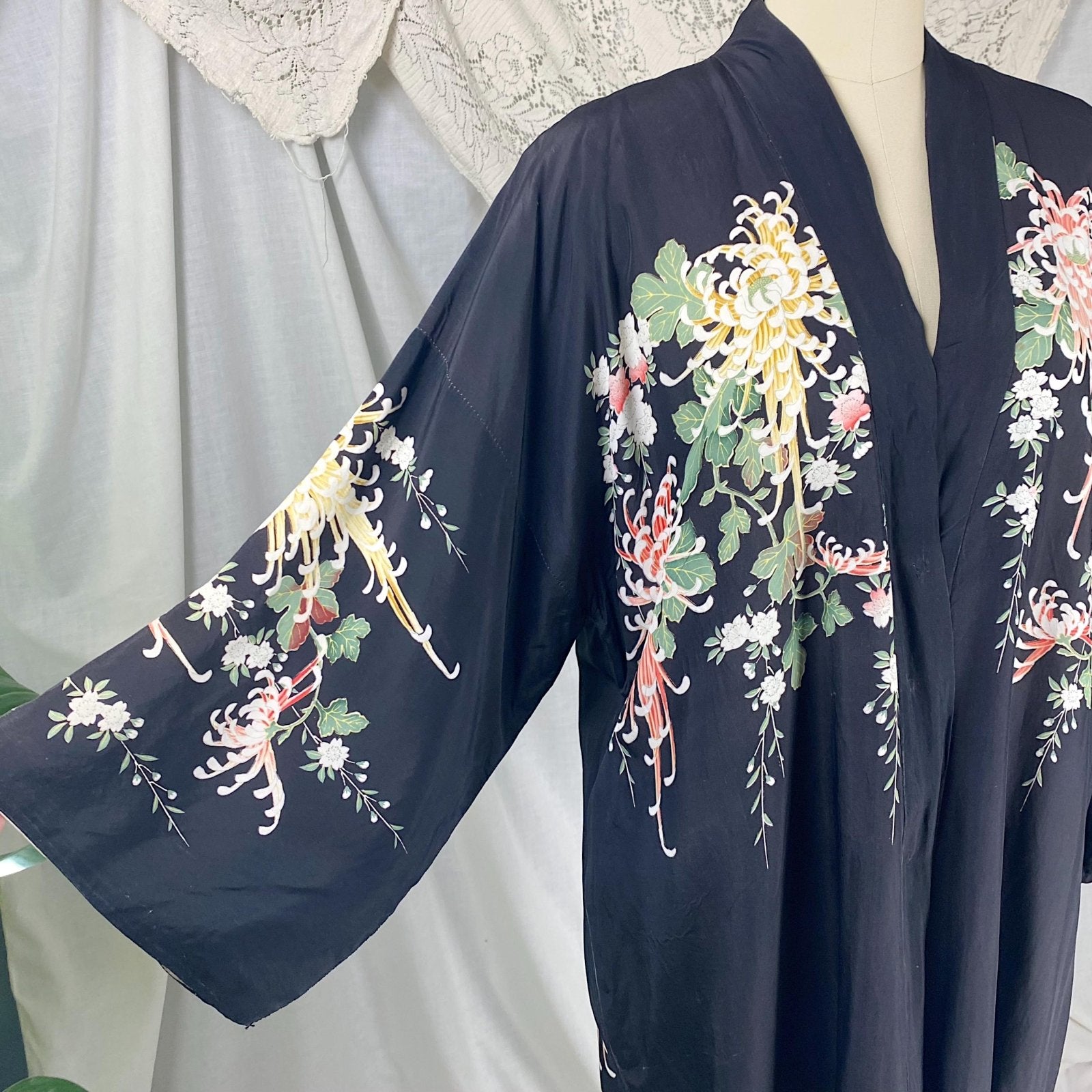 Vintage 1920's Japanese Kimono Robe | Black Rayon with Elaborate Floral Print | Size S, M, LG - Daggers & Dames