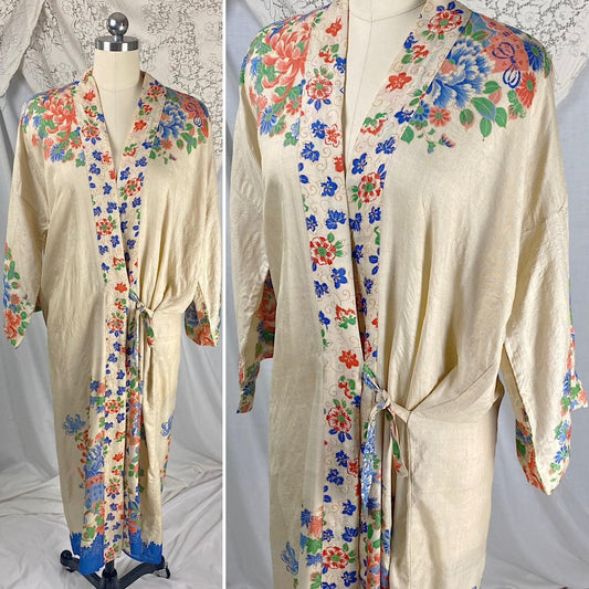 Vintage 1920s Japanese Robe | Natural Pongee Silk with Bold Floral Print & Side Tie | Size S, M, LG - Daggers & Dames