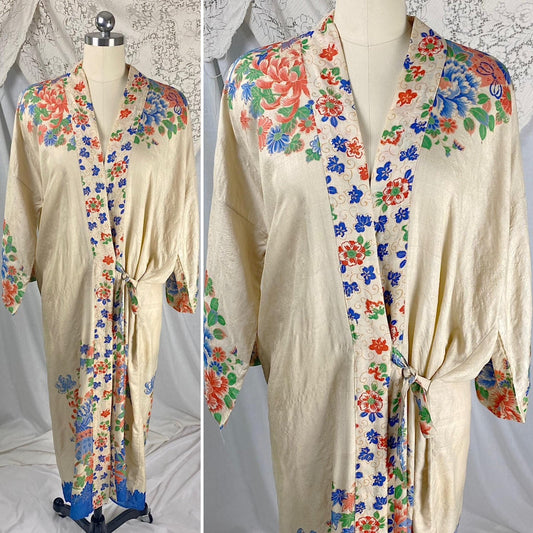 Vintage 1920s Japanese Robe | Natural Pongee Silk with Bold Floral Print & Side Tie | Size S, M, LG - Daggers & Dames
