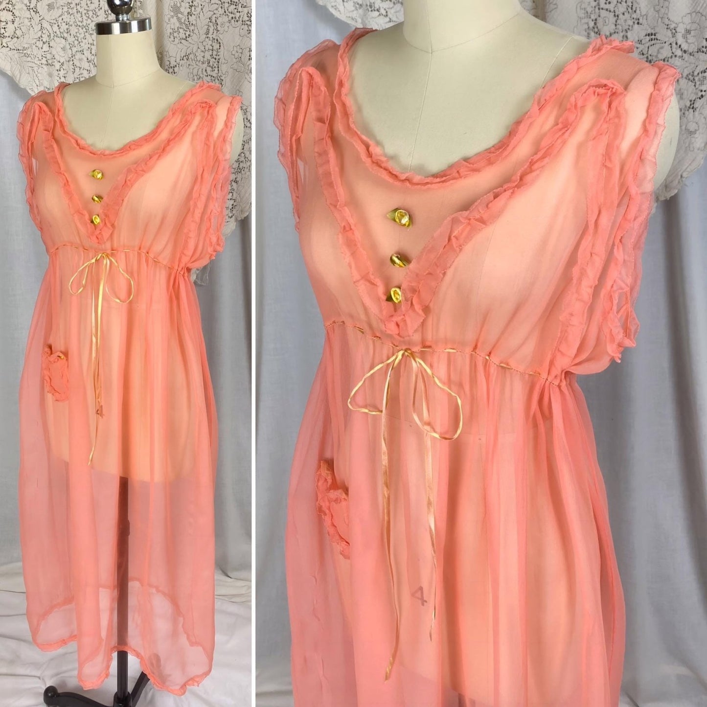 Vintage 1920's Nightgown | Rich Coral Pink Sheer Silk with Ruffled Detail & Rosettes | Size S, M. LG - Daggers & Dames