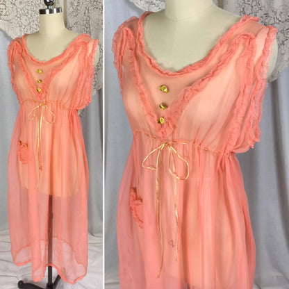 Vintage 1920's Nightgown | Rich Coral Pink Sheer Silk with Ruffled Detail & Rosettes | Size S, M. LG - Daggers & Dames