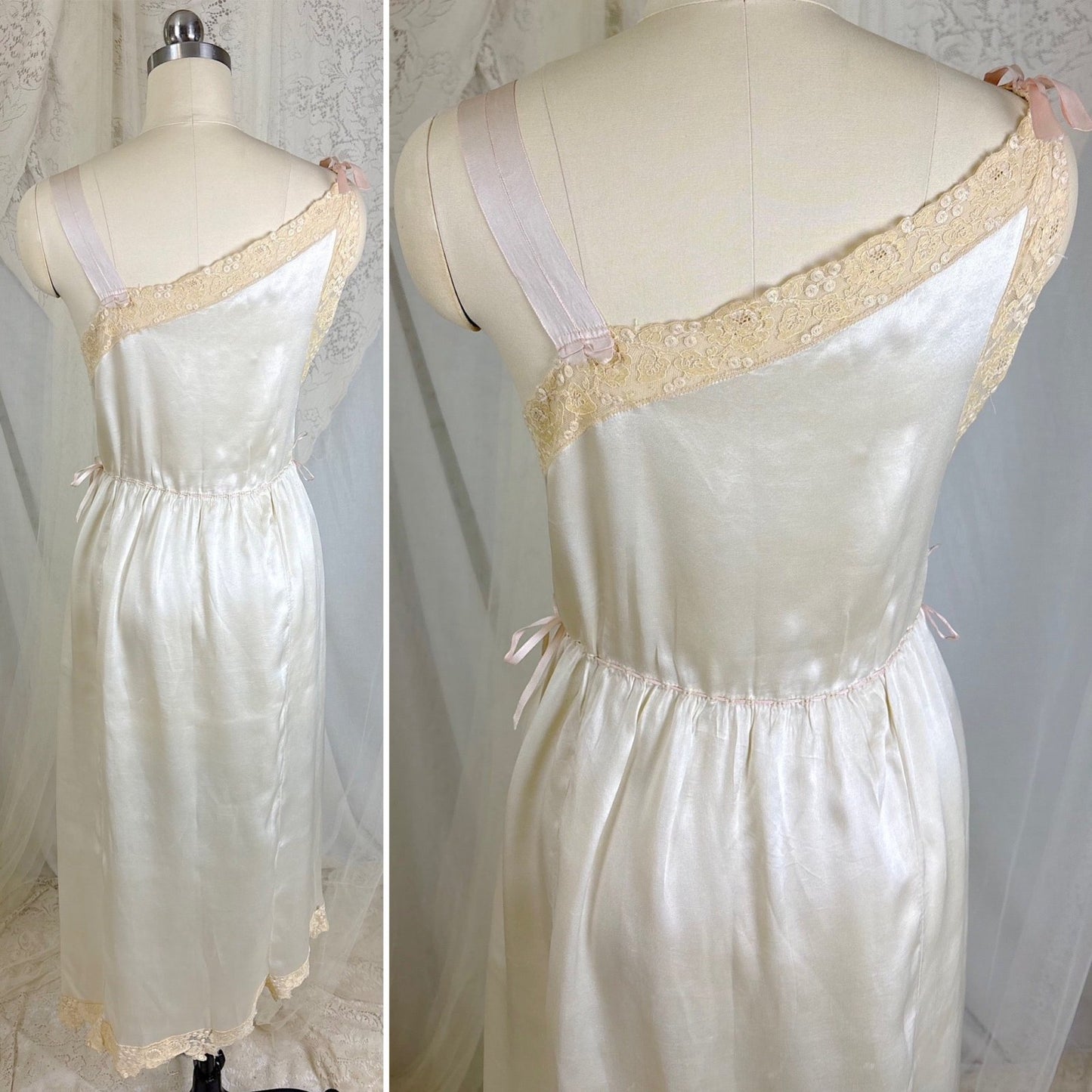 Vintage 1920's Pearl White Silk Nightgown with Grapevine Tambour Lace size XS - Daggers & Dames