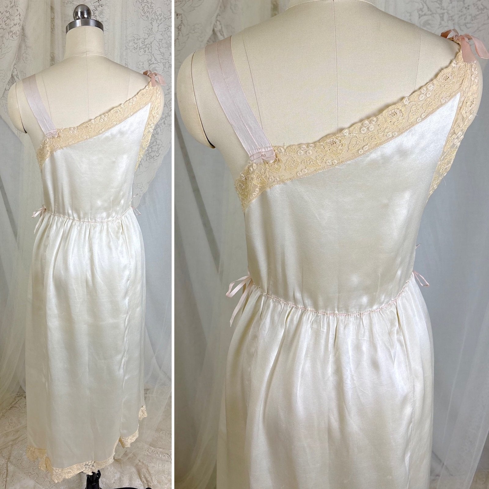 Vintage 1920's Pearl White Silk Nightgown with Grapevine Tambour Lace size XS - Daggers & Dames