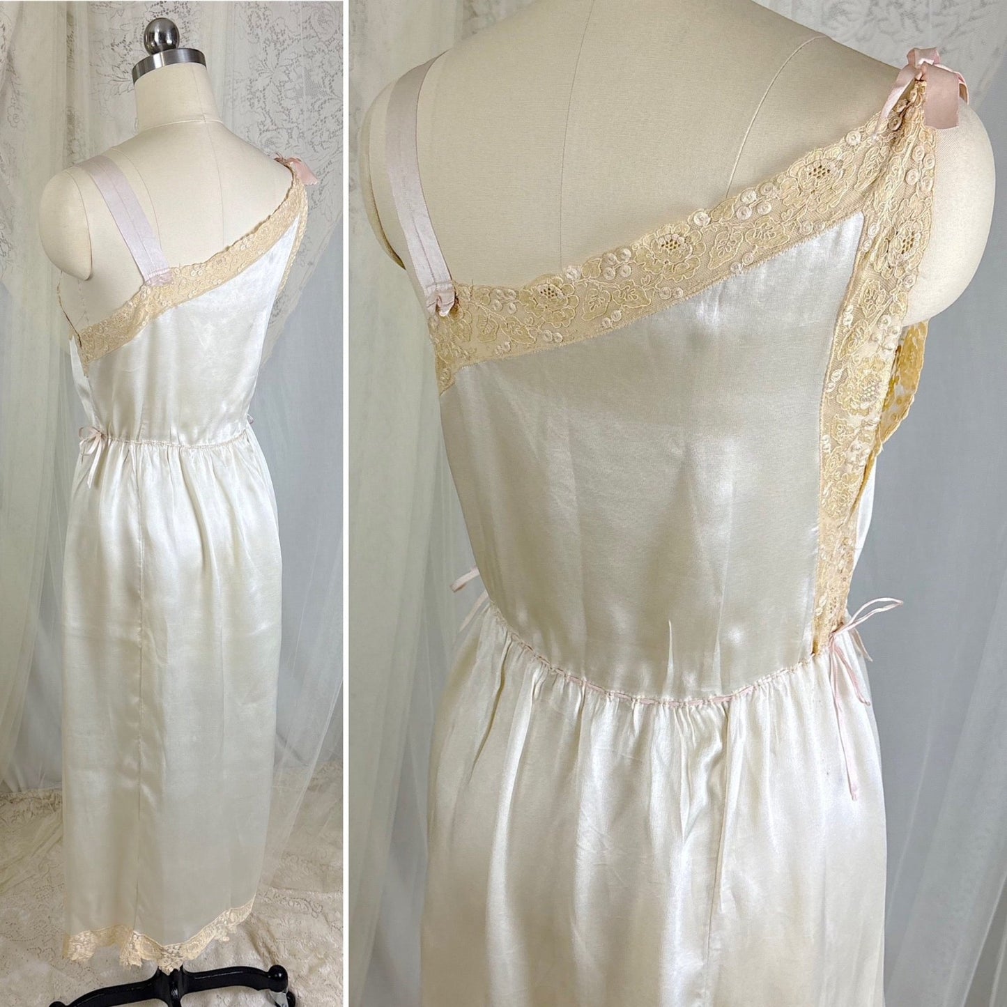 Vintage 1920's Pearl White Silk Nightgown with Grapevine Tambour Lace size XS - Daggers & Dames