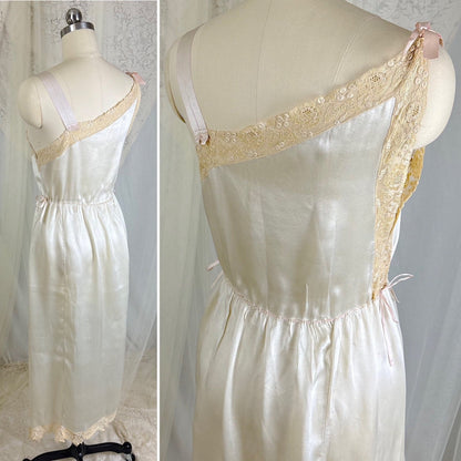 Vintage 1920's Pearl White Silk Nightgown with Grapevine Tambour Lace size XS - Daggers & Dames