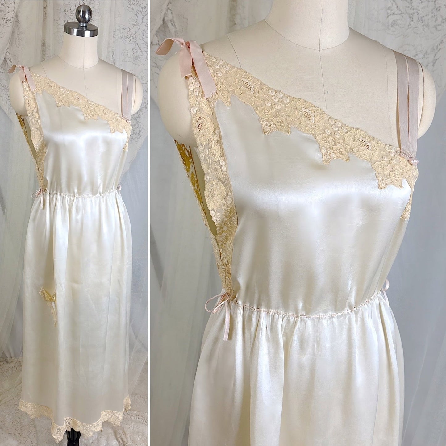 Vintage 1920's Pearl White Silk Nightgown with Grapevine Tambour Lace size XS - Daggers & Dames
