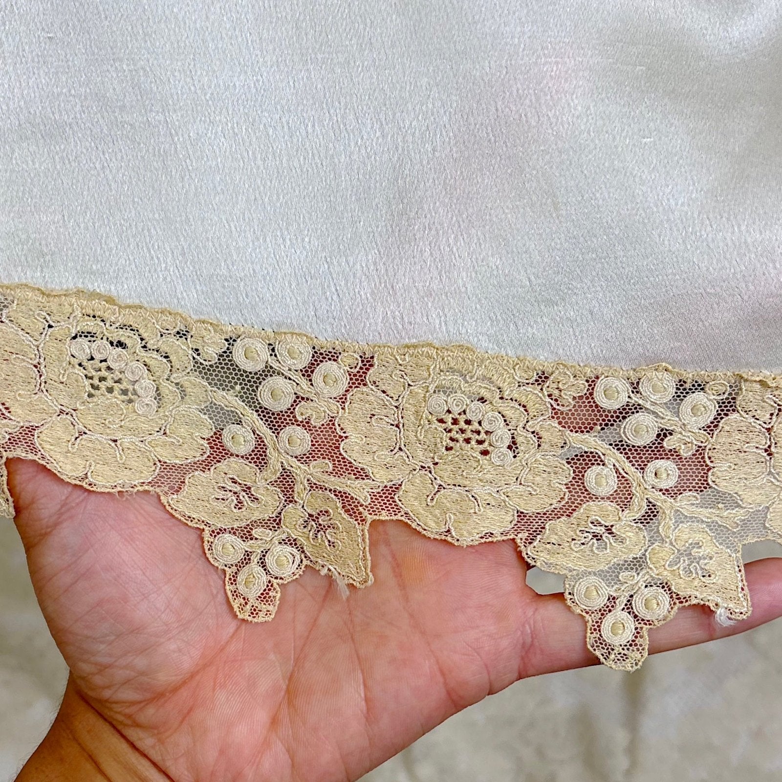 Vintage 1920's Pearl White Silk Nightgown with Grapevine Tambour Lace size XS - Daggers & Dames