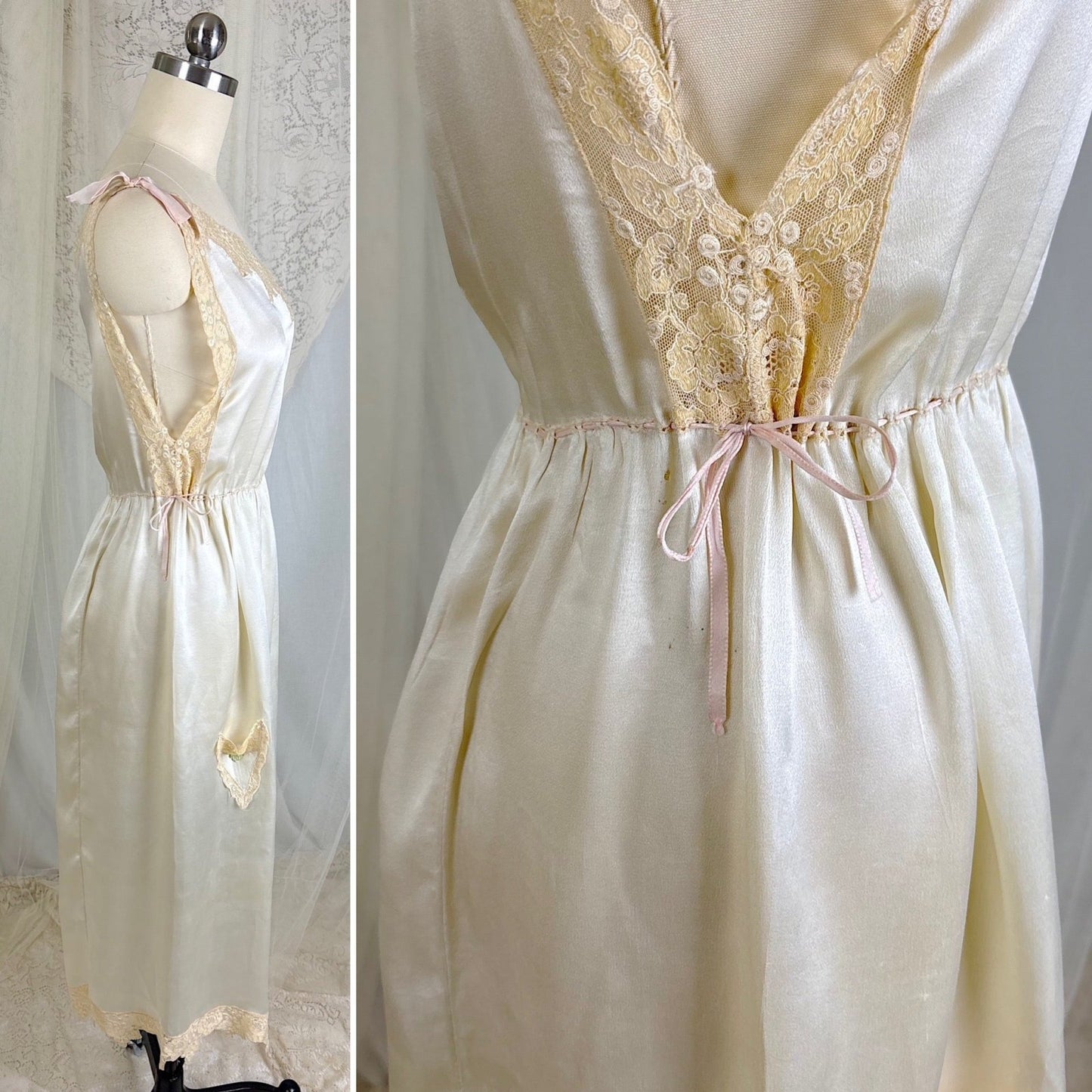Vintage 1920's Pearl White Silk Nightgown with Grapevine Tambour Lace size XS - Daggers & Dames