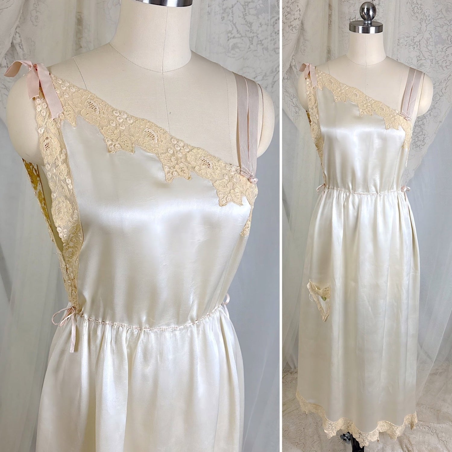 Vintage 1920's Pearl White Silk Nightgown with Grapevine Tambour Lace size XS - Daggers & Dames