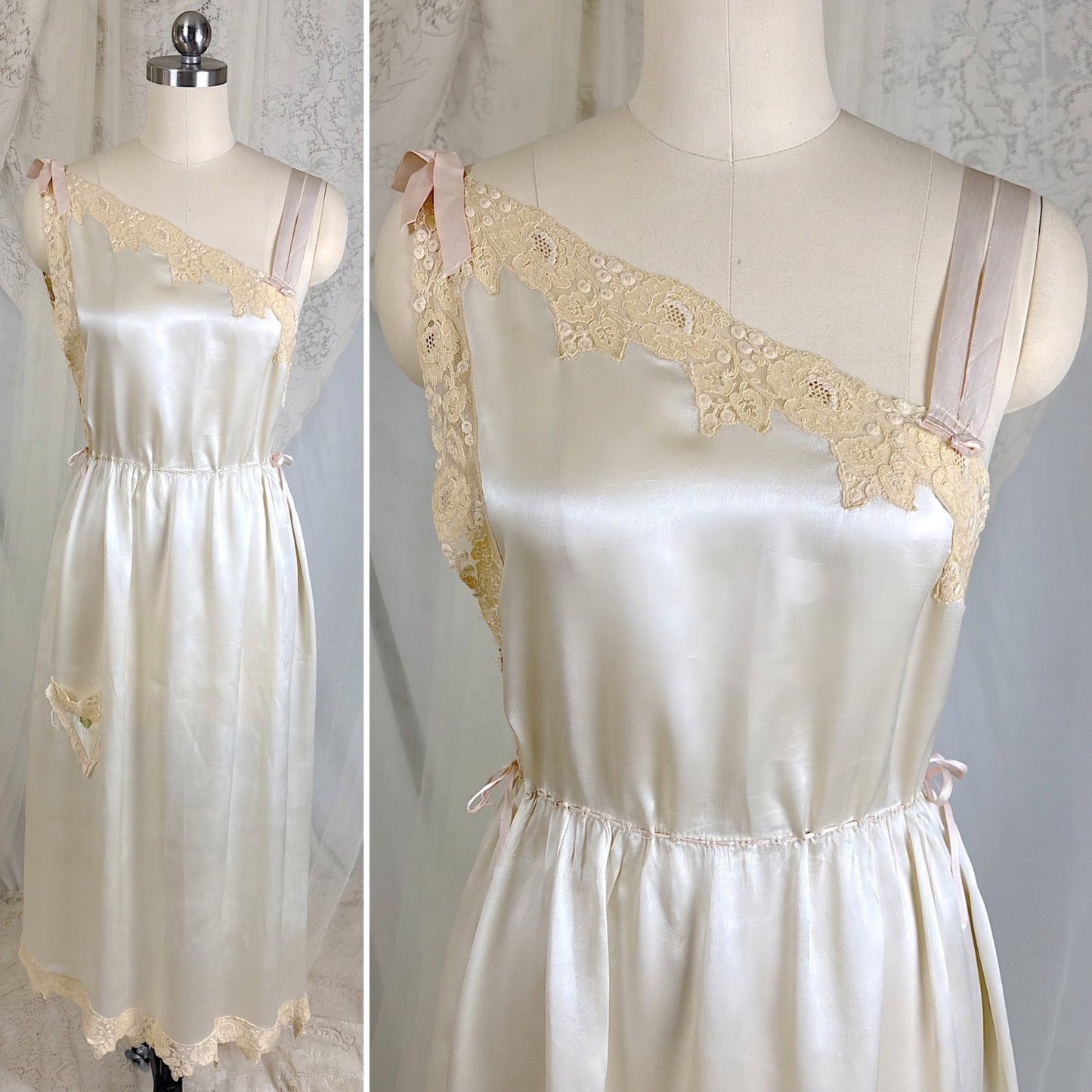Vintage 1920's Pearl White Silk Nightgown with Grapevine Tambour Lace size XS - Daggers & Dames