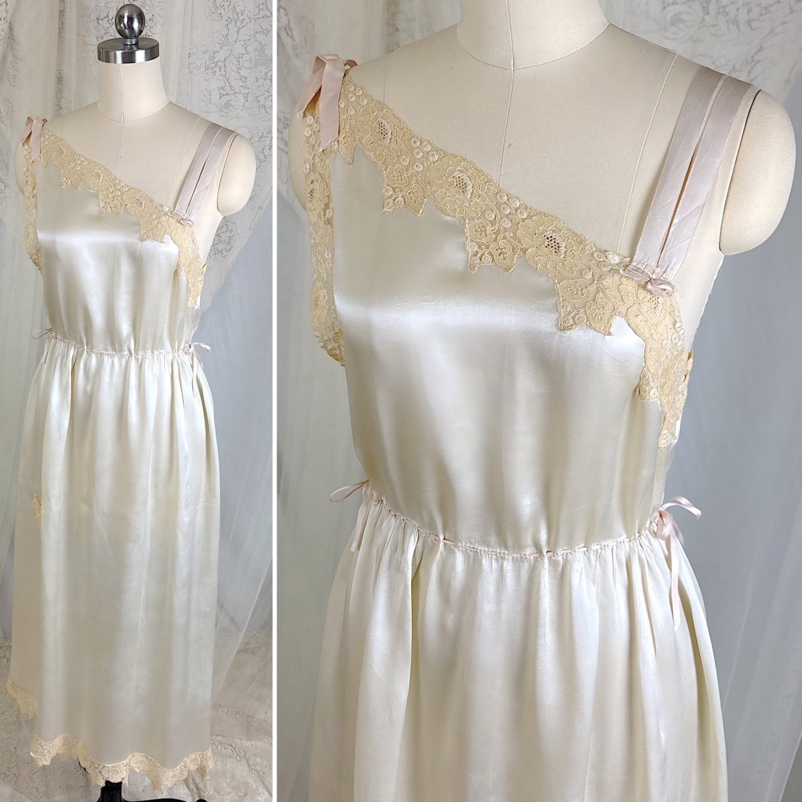 Vintage 1920's Pearl White Silk Nightgown with Grapevine Tambour Lace size XS - Daggers & Dames