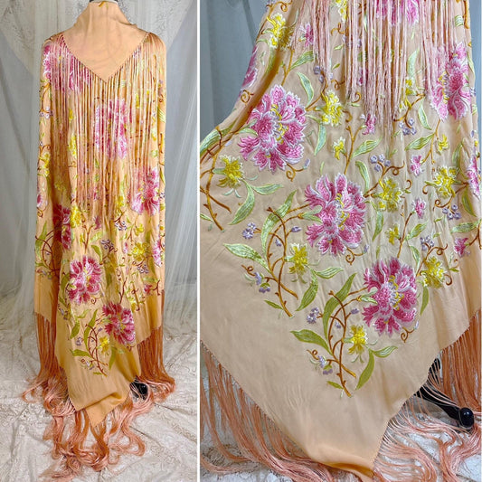 Vintage 1920's Piano Shawl - Rich Peach Silk with Elaborate Floral Embroidery & Coral Pink Fringe - 5ftx5ft - Daggers & Dames