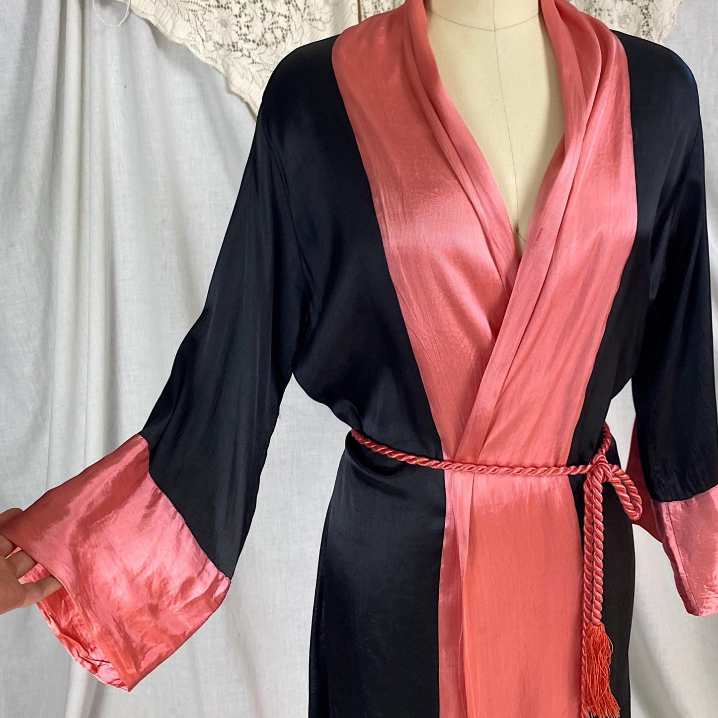 Vintage 1920's Robe | Silky Black Rayon Satin with Floral Shadow Print & Coral Pink Trim | Size XS, S, M - Daggers & Dames