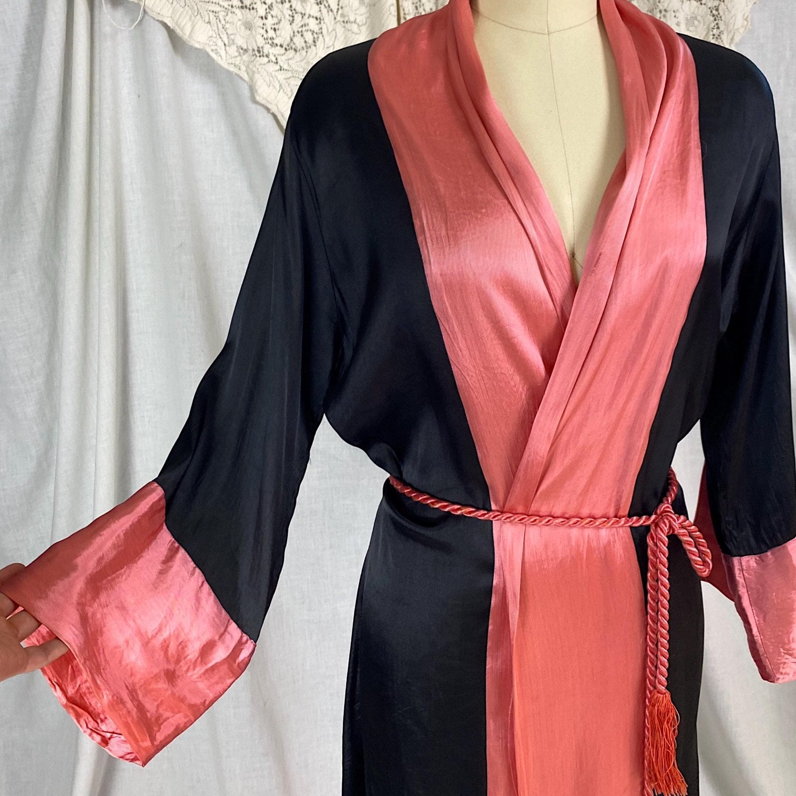 Vintage 1920's Robe | Silky Black Rayon Satin with Floral Shadow Print & Coral Pink Trim | Size XS, S, M - Daggers & Dames