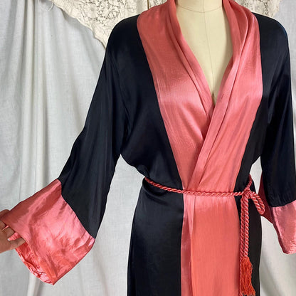 Vintage 1920's Robe | Silky Black Rayon Satin with Floral Shadow Print & Coral Pink Trim | Size XS, S, M - Daggers & Dames