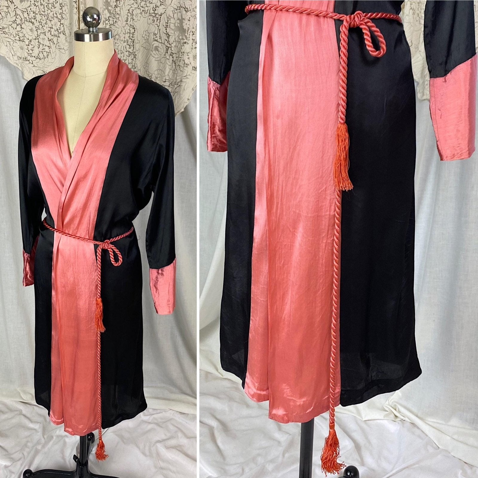 Vintage 1920's Robe | Silky Black Rayon Satin with Floral Shadow Print & Coral Pink Trim | Size XS, S, M - Daggers & Dames