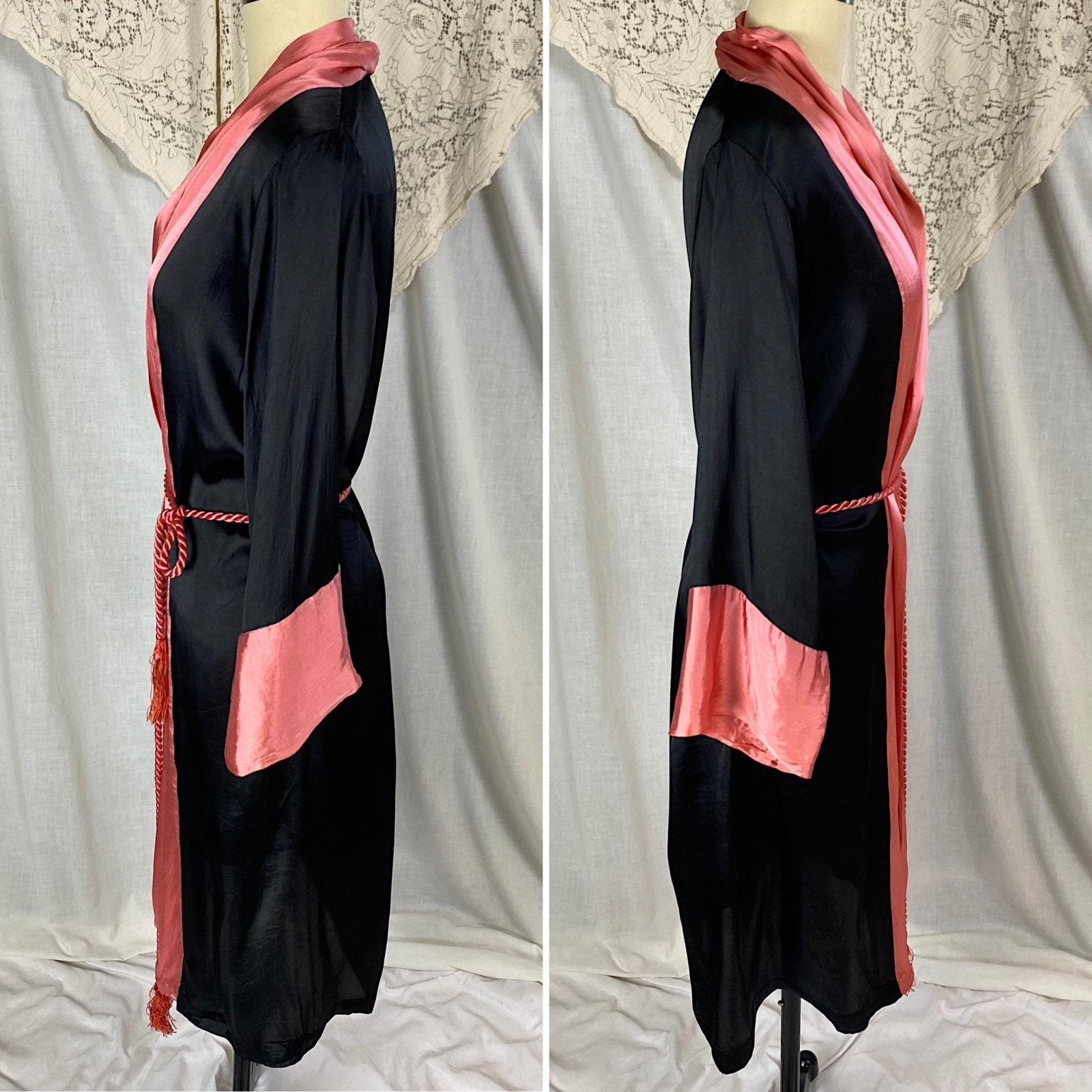 Vintage 1920's Robe | Silky Black Rayon Satin with Floral Shadow Print & Coral Pink Trim | Size XS, S, M - Daggers & Dames