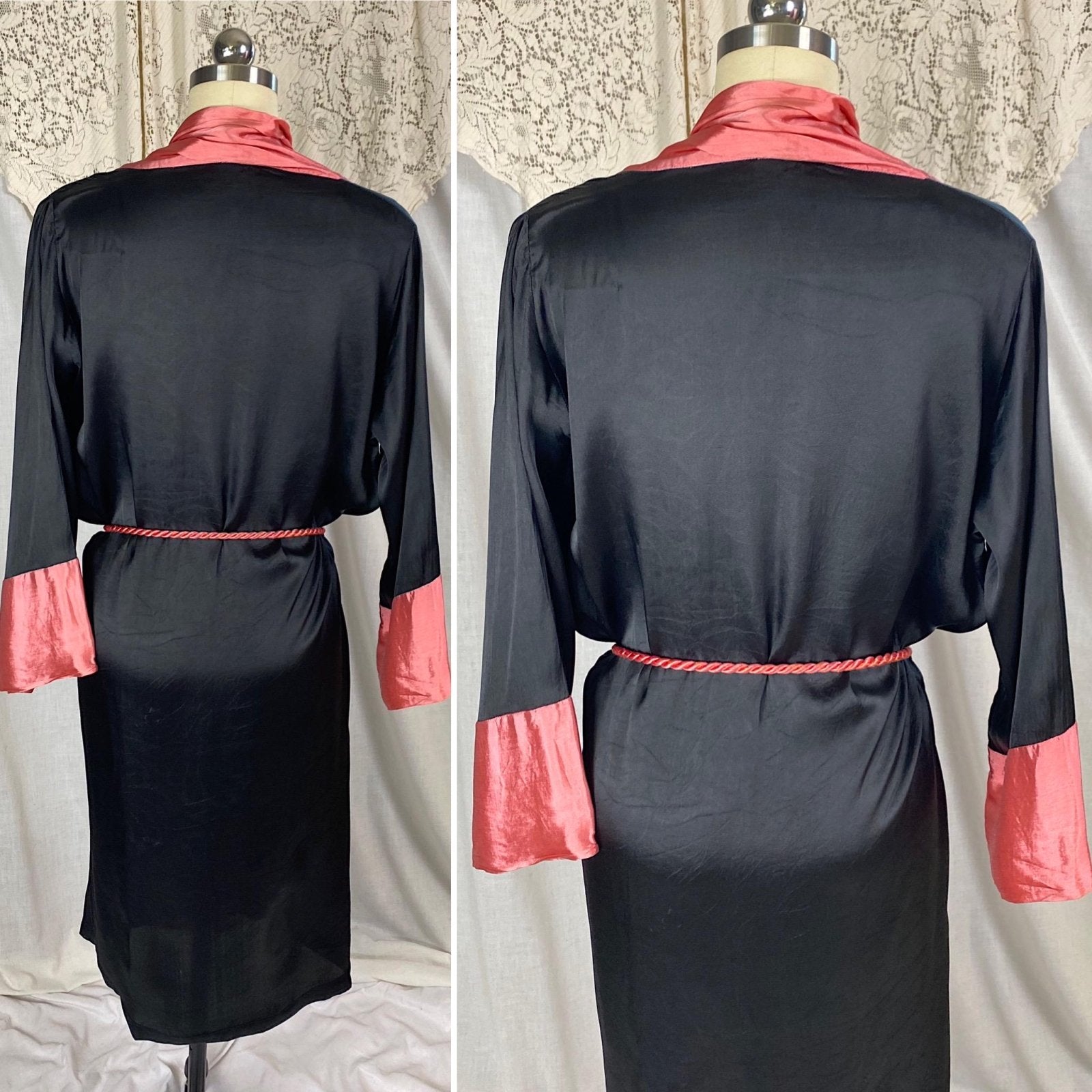 Vintage 1920's Robe | Silky Black Rayon Satin with Floral Shadow Print & Coral Pink Trim | Size XS, S, M - Daggers & Dames