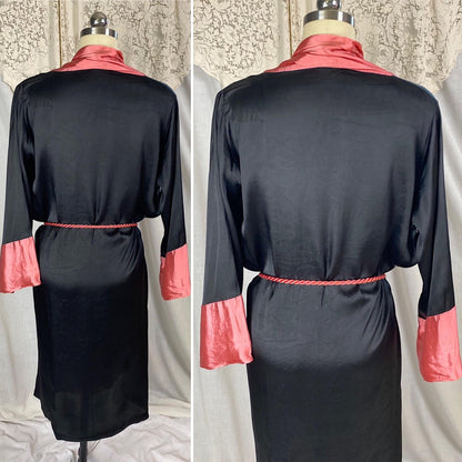 Vintage 1920's Robe | Silky Black Rayon Satin with Floral Shadow Print & Coral Pink Trim | Size XS, S, M - Daggers & Dames