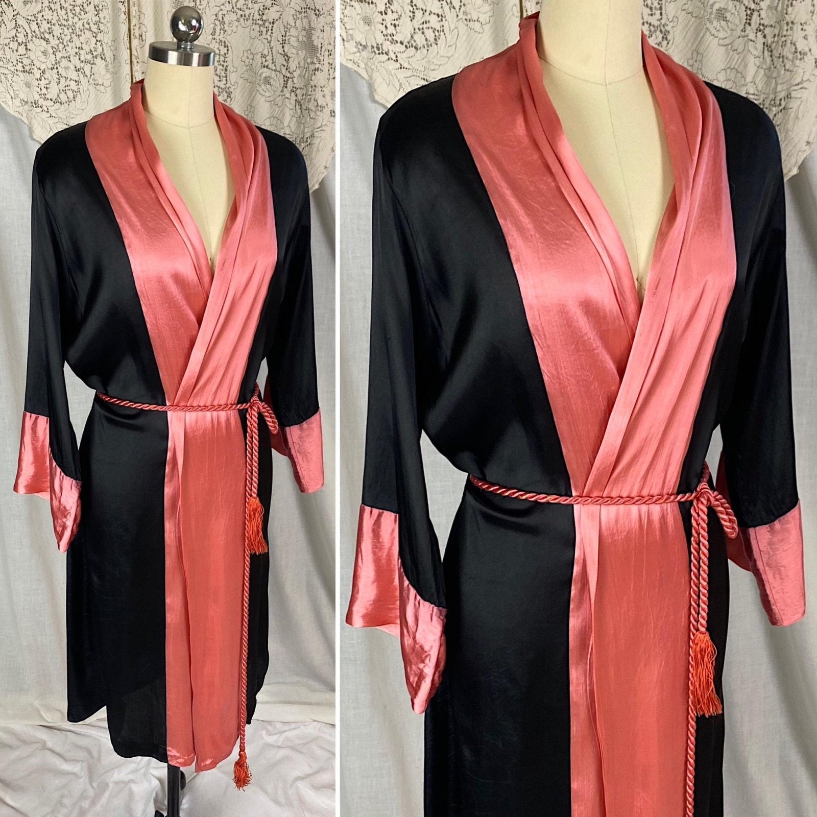 Vintage 1920's Robe | Silky Black Rayon Satin with Floral Shadow Print & Coral Pink Trim | Size XS, S, M - Daggers & Dames