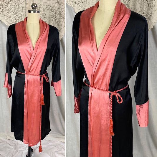 Vintage 1920's Robe | Silky Black Rayon Satin with Floral Shadow Print & Coral Pink Trim | Size XS, S, M - Daggers & Dames