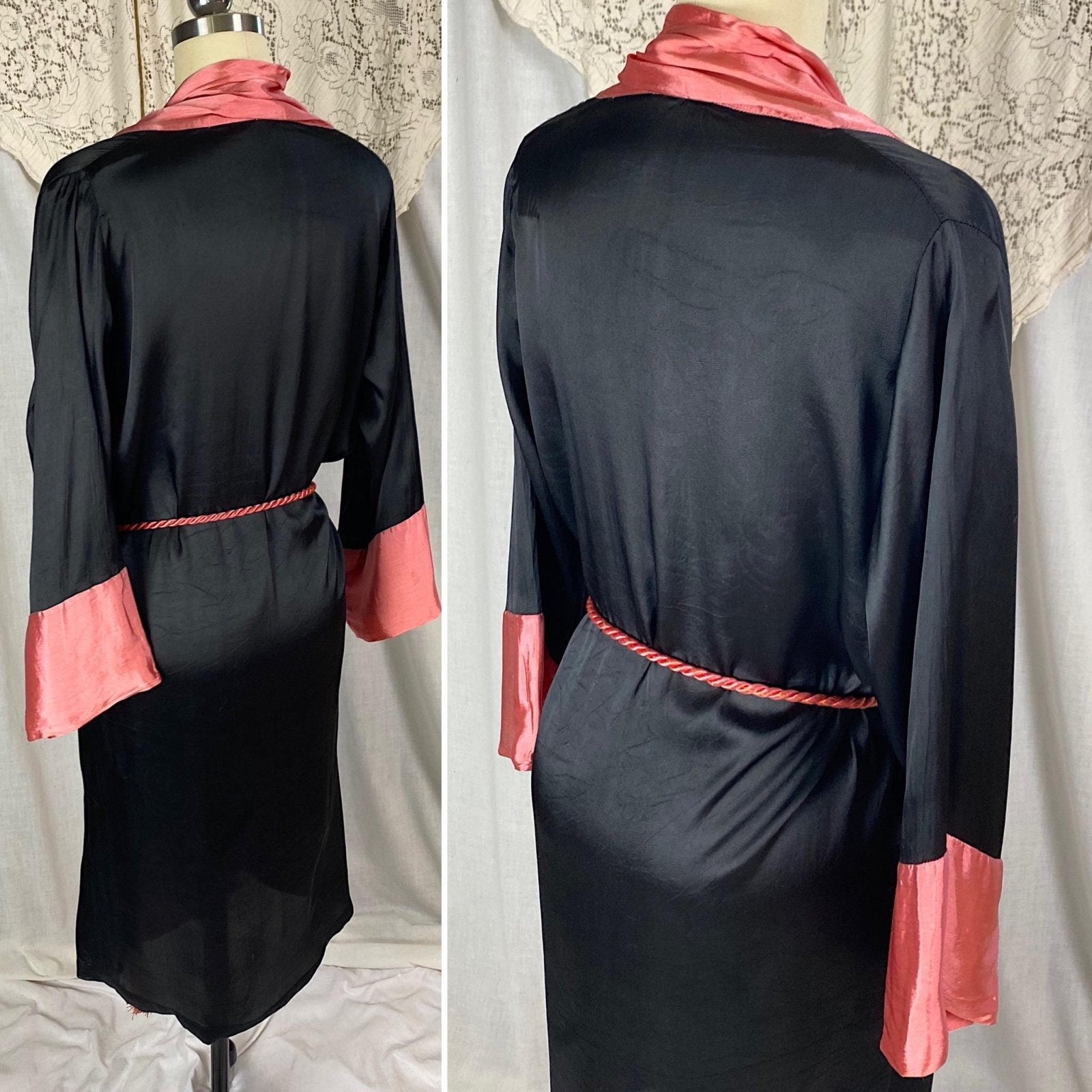 Vintage 1920's Robe | Silky Black Rayon Satin with Floral Shadow Print & Coral Pink Trim | Size XS, S, M - Daggers & Dames