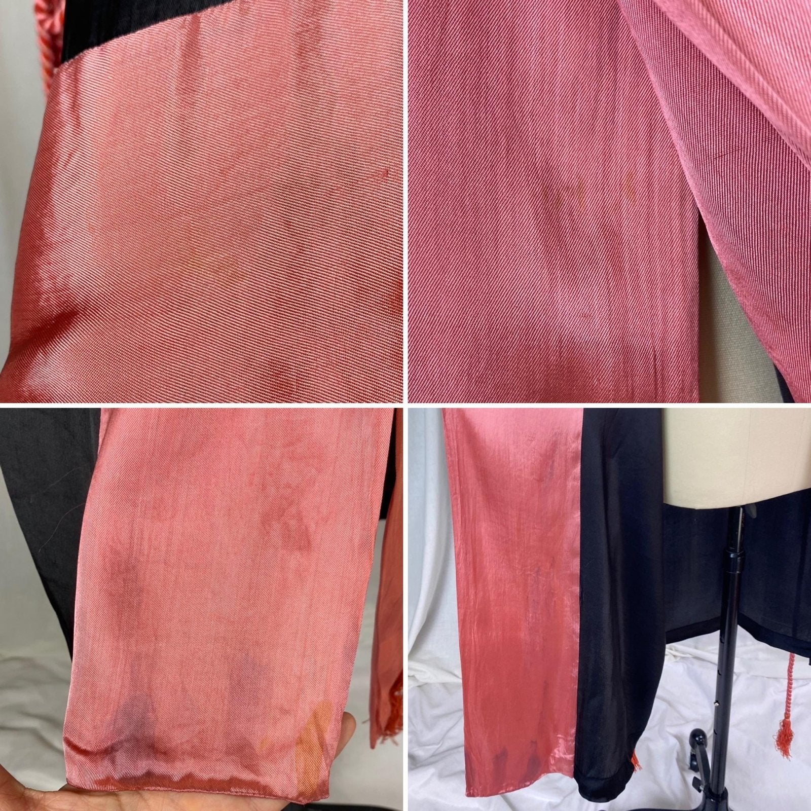 Vintage 1920's Robe | Silky Black Rayon Satin with Floral Shadow Print & Coral Pink Trim | Size XS, S, M - Daggers & Dames