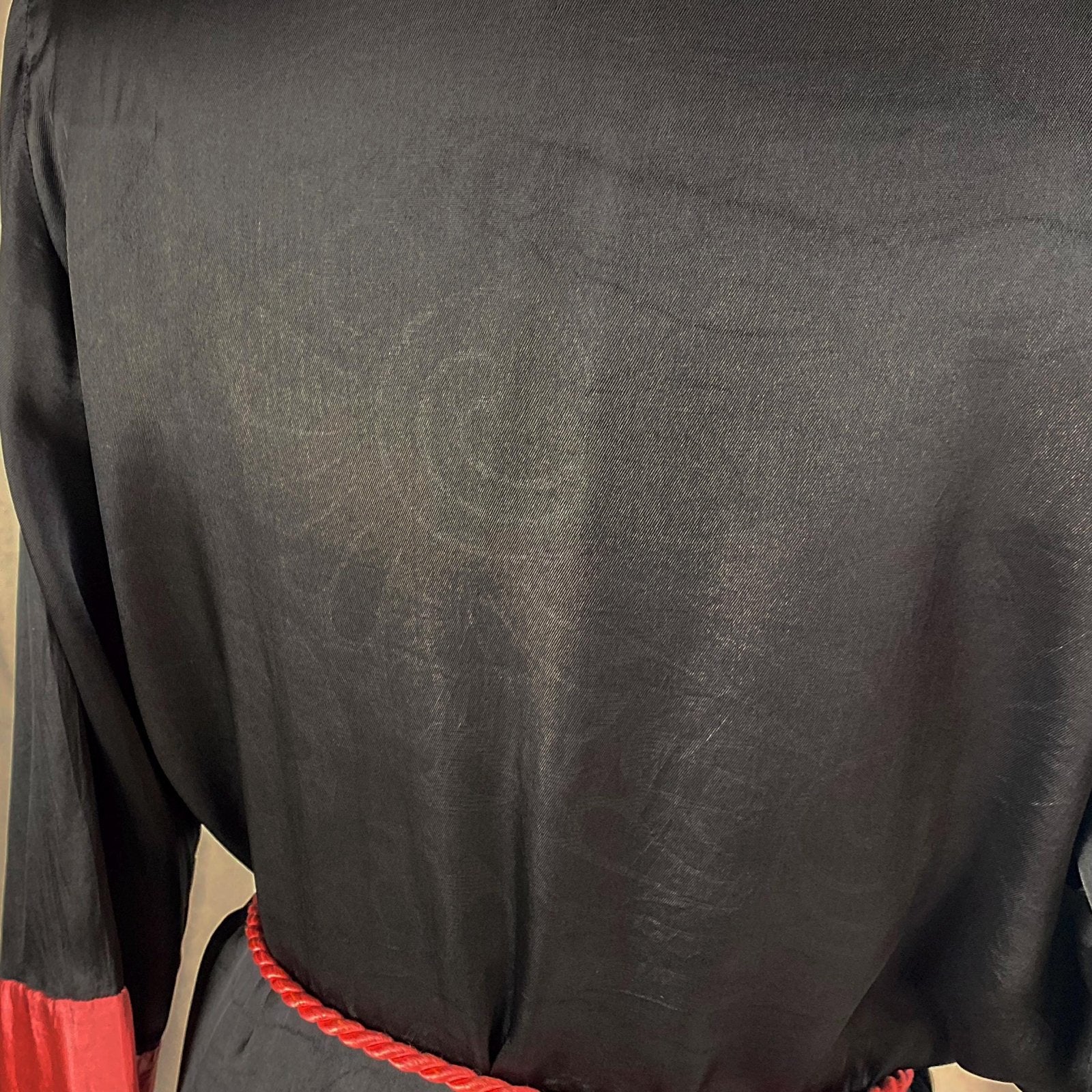 Vintage 1920's Robe | Silky Black Rayon Satin with Floral Shadow Print & Coral Pink Trim | Size XS, S, M - Daggers & Dames