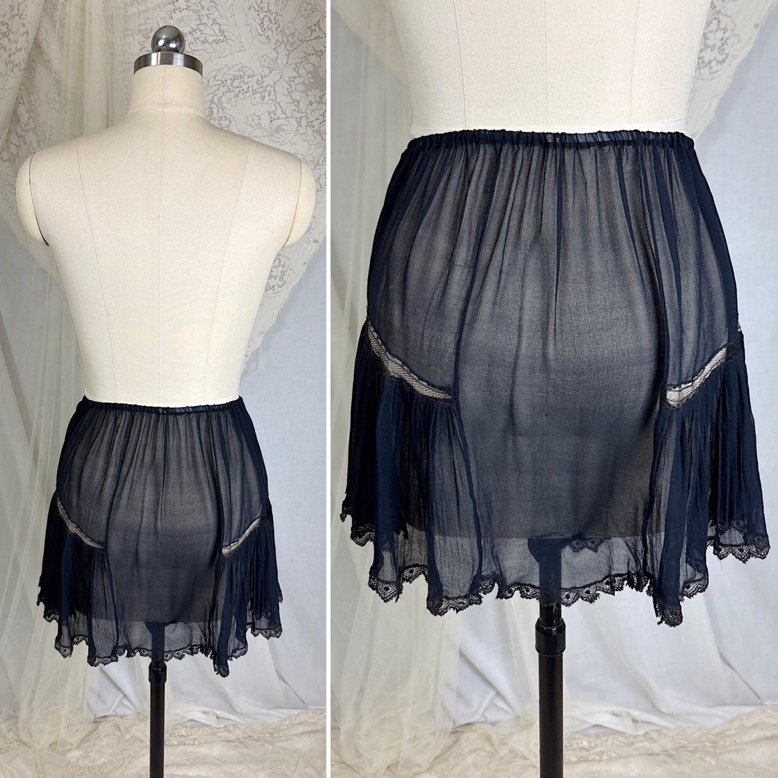 Vintage 1920's Sheer Black Rayon Crepe Tap Pants with Chantilly Lace - Size XS, S, M - Daggers & Dames