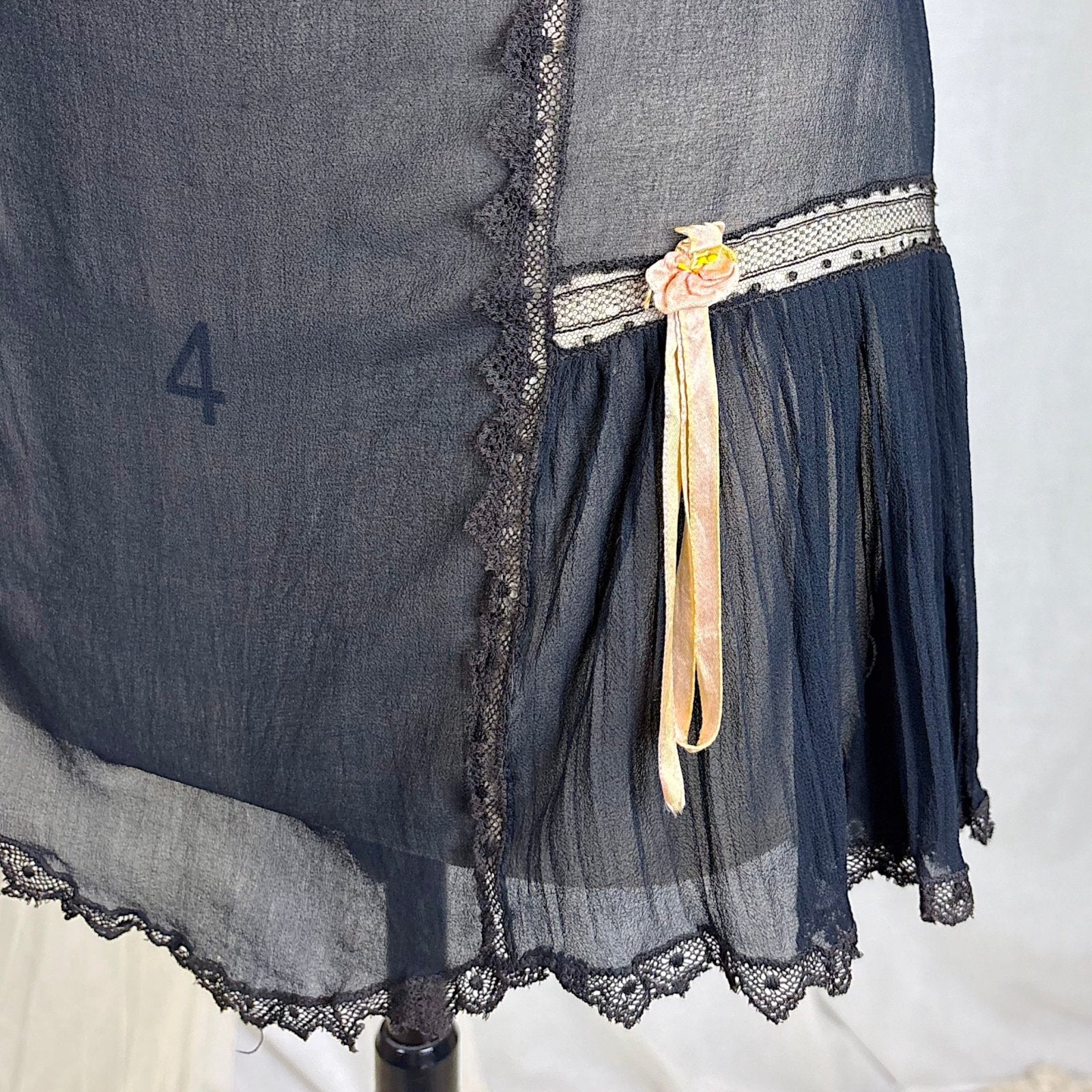 Vintage 1920's Sheer Black Rayon Crepe Tap Pants with Chantilly Lace - Size XS, S, M - Daggers & Dames