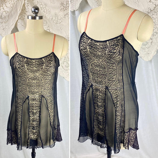 Vintage 1920's Step - in Teddy Chemise | Sheer Black Silk Chiffon with Intricate Chantilly Lace Panel | Size S, M - Daggers & Dames