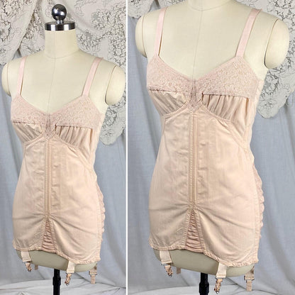 Vintage 1930's - 1940's All in One Girdle | Pale Apricot Cotton with Elastic Panels & Garters | Size 34 B, M | By Gossard - Daggers & Dames
