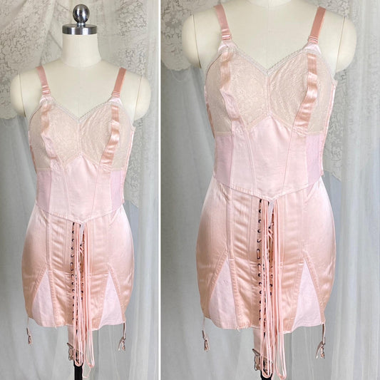 Vintage 1930’s - 1940's Corselette - Baby Pink Rayon Satin with Cotton Lace & Corset Lacing - Size 34 C, Medium - By Spencer, Unworn - Daggers & Dames