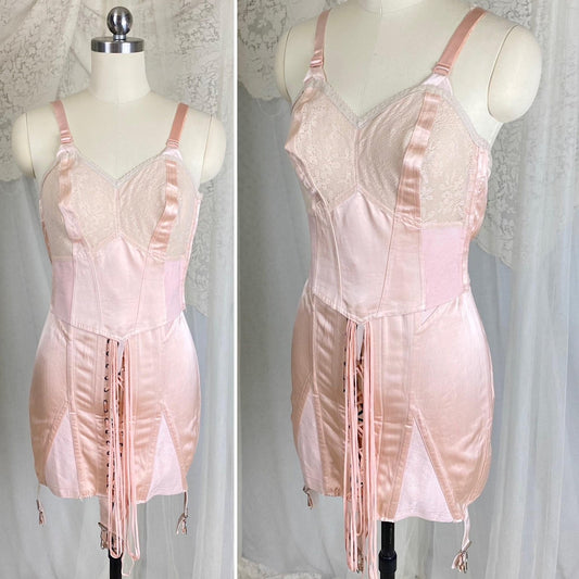Vintage 1930’s - 1940's Corselette - Baby Pink Rayon Satin with Cotton Lace & Corset Lacing - Size 34 C, Medium - By Spencer, Unworn - Daggers & Dames