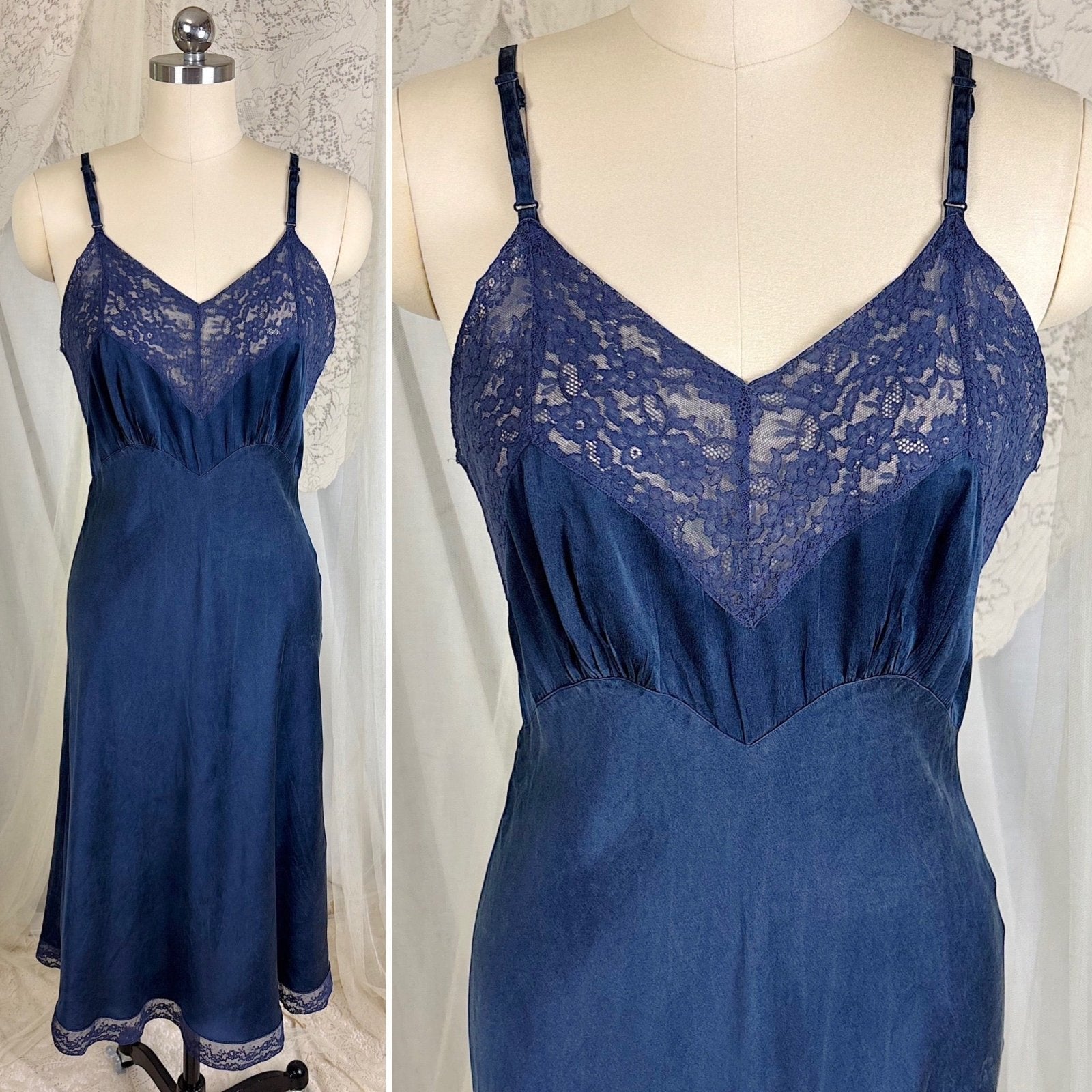 Vintage 1930's - 1940's Deep Indigo blue Silk Satin Slip with Cotton Lace by Fischer's Heavenly, Size S, M - Daggers & Dames