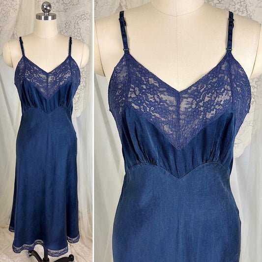 Vintage 1930's - 1940's Deep Indigo blue Silk Satin Slip with Cotton Lace by Fischer's Heavenly, Size S, M - Daggers & Dames