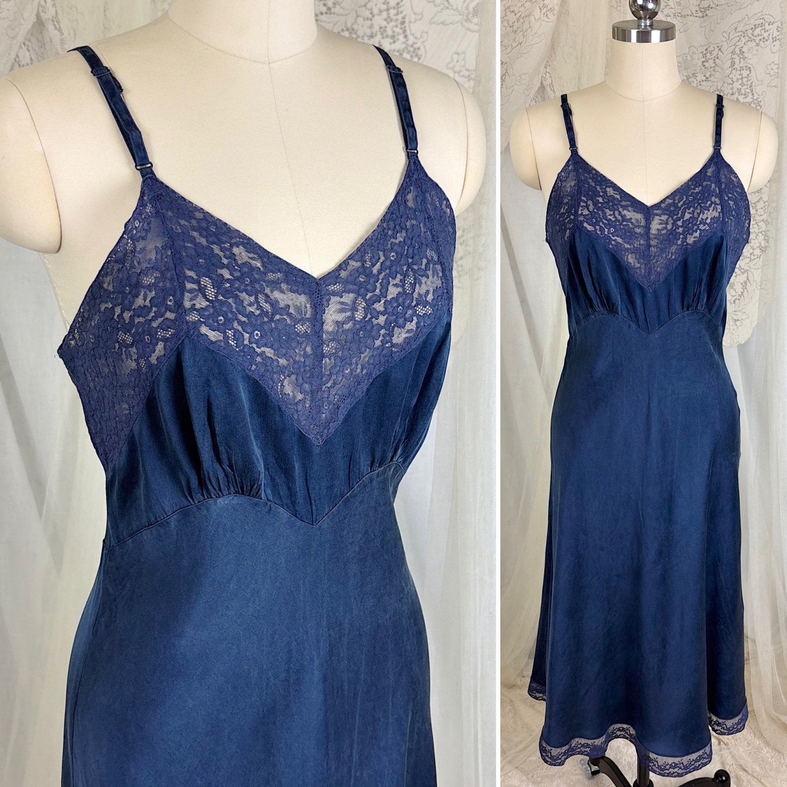 Vintage 1930's - 1940's Deep Indigo blue Silk Satin Slip with Cotton Lace by Fischer's Heavenly, Size S, M - Daggers & Dames