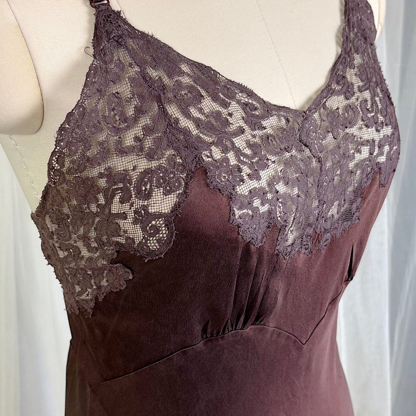 Vintage 1930's - 1940's Deep Mocha Brown Silk Satin with Cotton Lace by Fischer's Heavenly, Size LG, XLG - Daggers & Dames