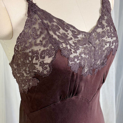 Vintage 1930's - 1940's Deep Mocha Brown Silk Satin with Cotton Lace by Fischer's Heavenly, Size LG, XLG - Daggers & Dames