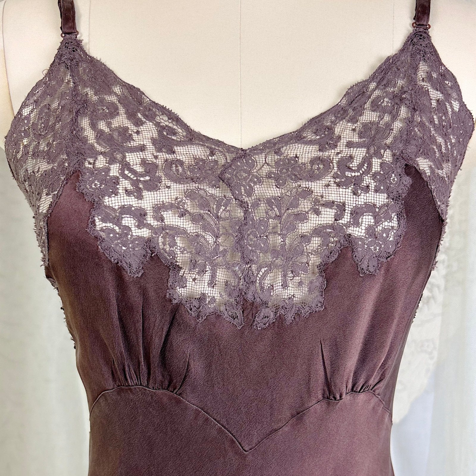 Vintage 1930's - 1940's Deep Mocha Brown Silk Satin with Cotton Lace by Fischer's Heavenly, Size LG, XLG - Daggers & Dames
