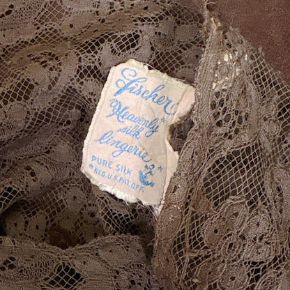 Vintage 1930's - 1940's Deep Mocha Brown Silk Satin with Cotton Lace by Fischer's Heavenly, Size LG, XLG - Daggers & Dames
