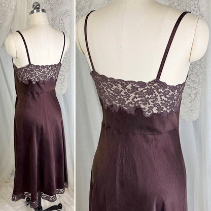 Vintage 1930's - 1940's Deep Mocha Brown Silk Satin with Cotton Lace by Fischer's Heavenly, Size LG, XLG - Daggers & Dames