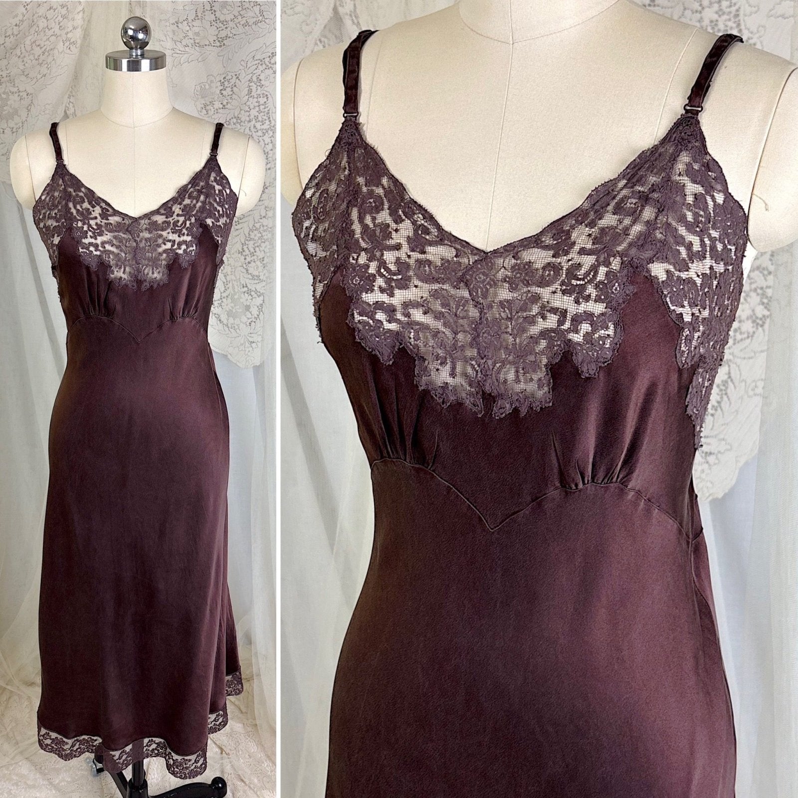 Vintage 1930's - 1940's Deep Mocha Brown Silk Satin with Cotton Lace by Fischer's Heavenly, Size LG, XLG - Daggers & Dames