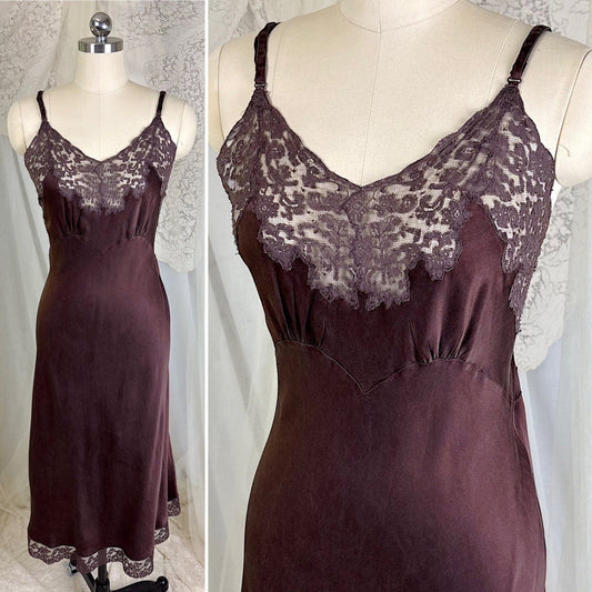 Vintage 1930's - 1940's Deep Mocha Brown Silk Satin with Cotton Lace by Fischer's Heavenly, Size LG, XLG - Daggers & Dames
