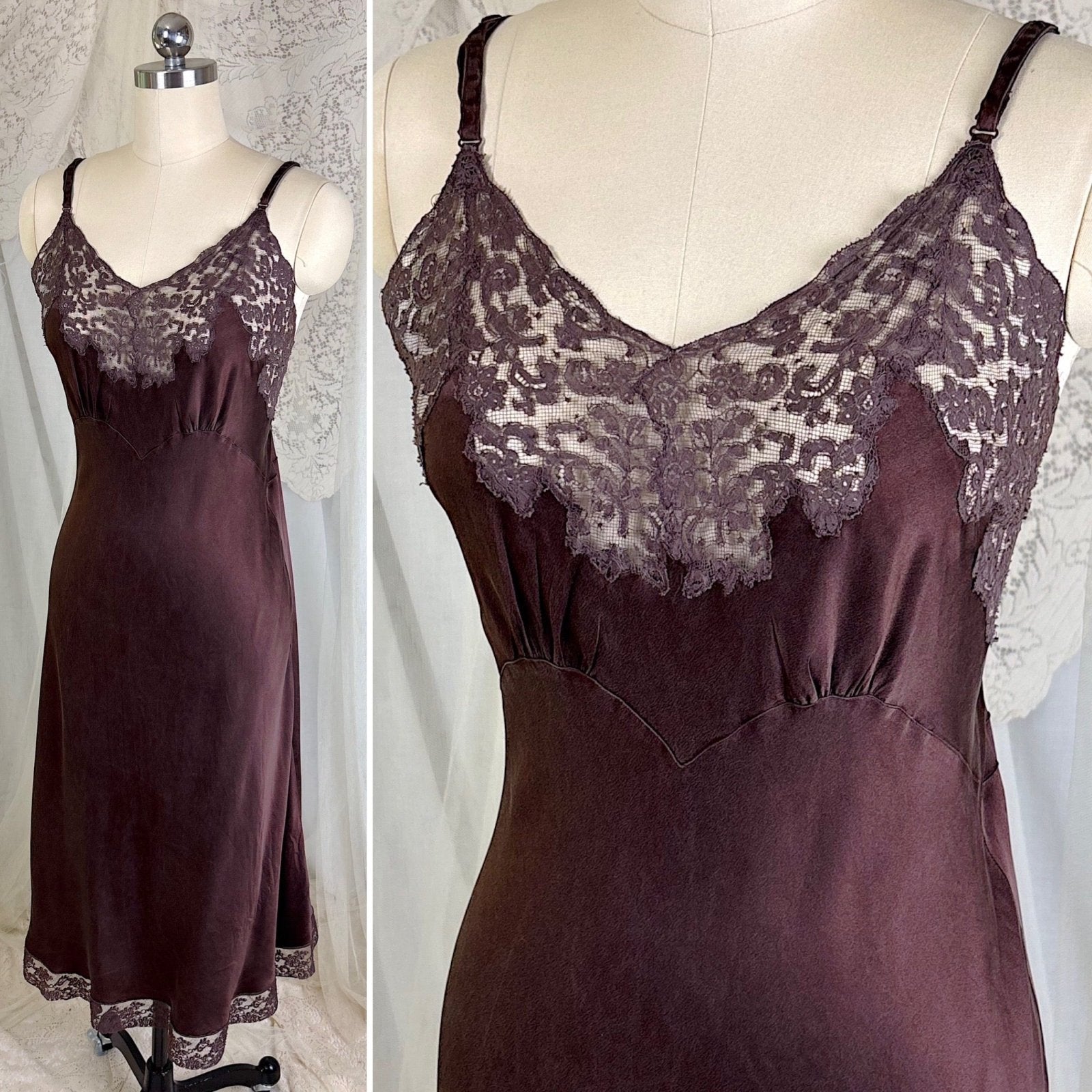 Vintage 1930's - 1940's Deep Mocha Brown Silk Satin with Cotton Lace by Fischer's Heavenly, Size LG, XLG - Daggers & Dames