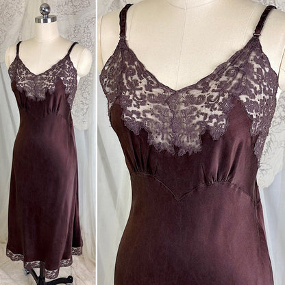 Vintage 1930's - 1940's Deep Mocha Brown Silk Satin with Cotton Lace by Fischer's Heavenly, Size LG, XLG - Daggers & Dames